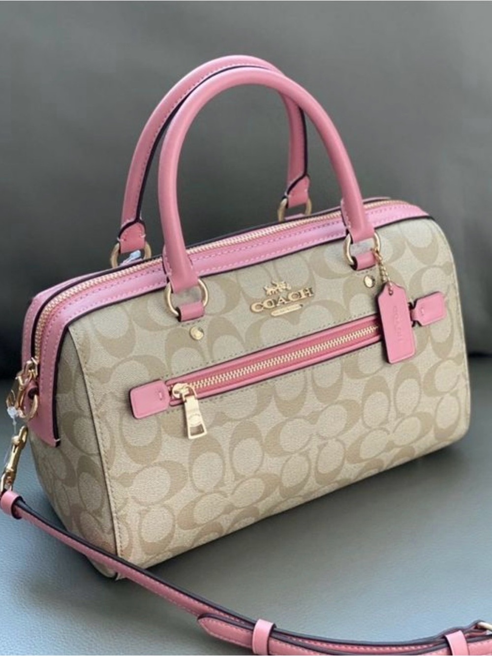 Coach Rowan Beige Signature Satchel with Pink Trim